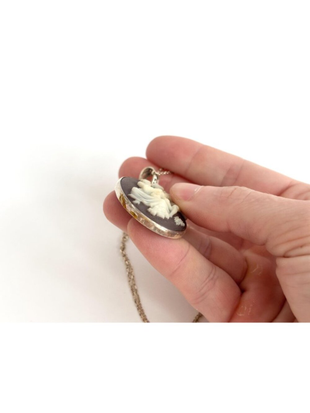 Courting Scene Brown & White Cameo Two Lovers 925 Vintage Pendant Necklace - 17" - Picture 11 of 16